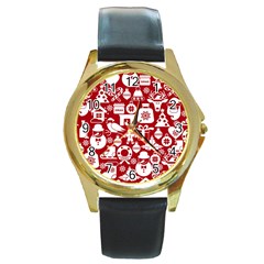 Christmas Seamless Pattern Icons Round Gold Metal Watch by Vaneshart