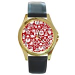 Christmas Seamless Pattern Icons Round Gold Metal Watch Front