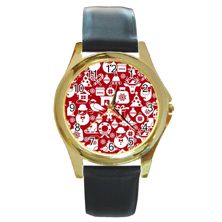 Christmas Seamless Pattern Icons Round Gold Metal Watch