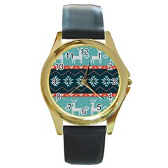 Beautiful Knitted Christmas Pattern Round Gold Metal Watch by Vaneshart