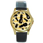 Ananas Chevrons Noir/Jaune Round Gold Metal Watch Front