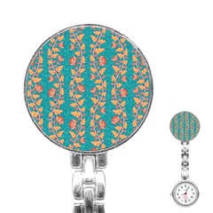 Teal Floral Paisley Stripes Stainless Steel Nurses Watch by mccallacoulture