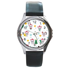 Christmas Seamless Pattern With Cute Kawaii Mouse Round Metal Watch by Vaneshart