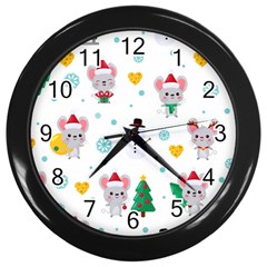 Christmas Seamless Pattern With Cute Kawaii Mouse Wall Clock (black) by Vaneshart