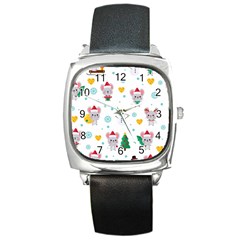 Christmas Seamless Pattern With Cute Kawaii Mouse Square Metal Watch by Vaneshart