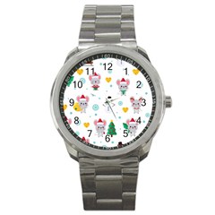 Christmas Seamless Pattern With Cute Kawaii Mouse Sport Metal Watch by Vaneshart