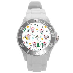 Christmas Seamless Pattern With Cute Kawaii Mouse Round Plastic Sport Watch (l) by Vaneshart