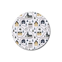 Abstract Seamless Pattern With Cute Houses Trees Road Rubber Coaster (round)  by Vaneshart