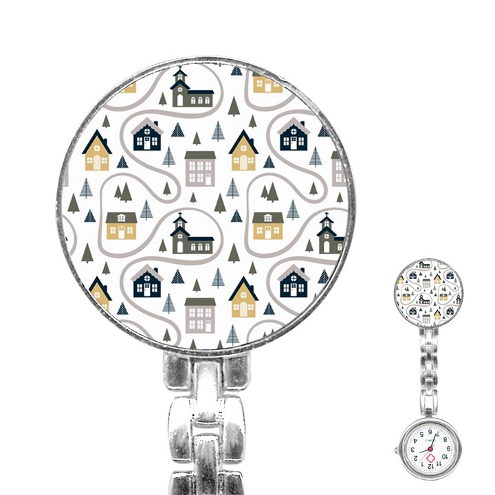 Abstract Seamless Pattern With Cute Houses Trees Road Stainless Steel Nurses Watch