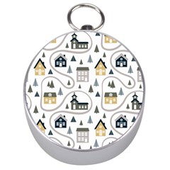 Abstract Seamless Pattern With Cute Houses Trees Road Silver Compasses