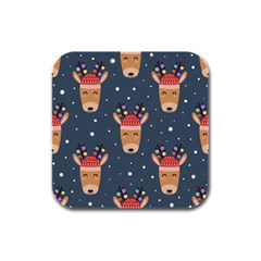 Cute Deer Heads Seamless Pattern Christmas Rubber Square Coaster (4 Pack)  by Vaneshart