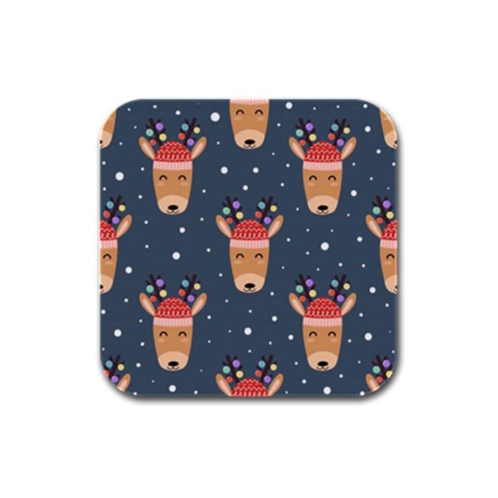 Cute Deer Heads Seamless Pattern Christmas Rubber Square Coaster (4 pack) 