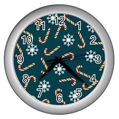 Christmas Seamless Pattern With Candies Snowflakes Wall Clock (silver) by Vaneshart