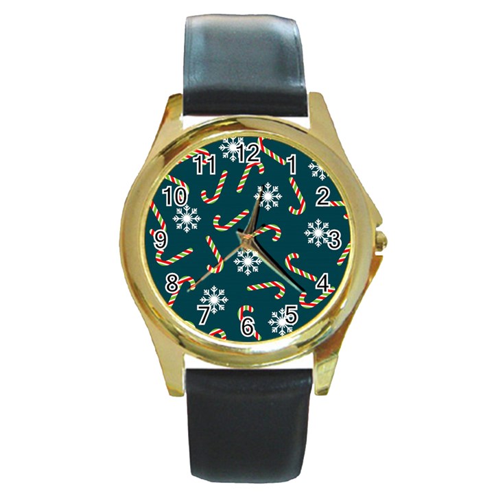 Christmas Seamless Pattern With Candies Snowflakes Round Gold Metal Watch