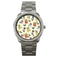 Christmas Funny Pattern Cat Sport Metal Watch by Vaneshart