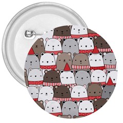 Cute Adorable Bear Merry Christmas Happy New Year Cartoon Doodle Seamless Pattern 3  Buttons by Vaneshart