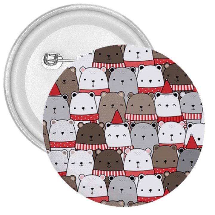 Cute Adorable Bear Merry Christmas Happy New Year Cartoon Doodle Seamless Pattern 3  Buttons