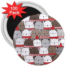 Cute Adorable Bear Merry Christmas Happy New Year Cartoon Doodle Seamless Pattern 3  Magnets (100 Pack) by Vaneshart