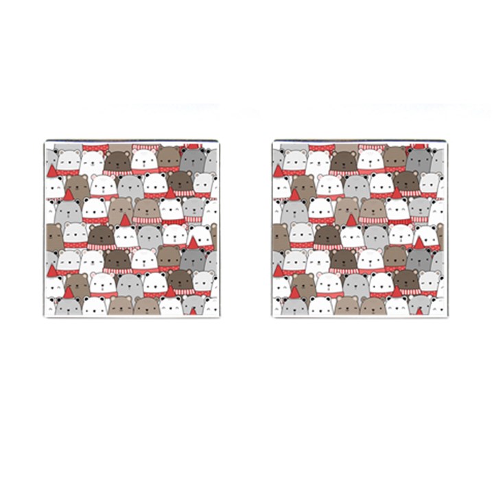 Cute Adorable Bear Merry Christmas Happy New Year Cartoon Doodle Seamless Pattern Cufflinks (Square)