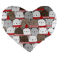 Cute Adorable Bear Merry Christmas Happy New Year Cartoon Doodle Seamless Pattern Large 19  Premium Flano Heart Shape Cushions by Vaneshart