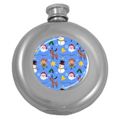 Funny Christmas Pattern With Snowman Reindeer Round Hip Flask (5 Oz) by Vaneshart