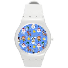 Funny Christmas Pattern With Snowman Reindeer Round Plastic Sport Watch (m) by Vaneshart