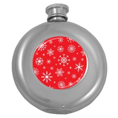 Christmas Seamless With Snowflakes Snowflake Pattern Red Background Winter Round Hip Flask (5 Oz) by Vaneshart