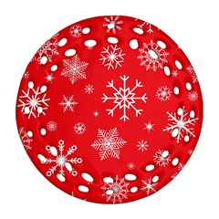 Christmas Seamless With Snowflakes Snowflake Pattern Red Background Winter Ornament (round Filigree) by Vaneshart