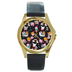 Colorful Funny Christmas Pattern Merry Xmas Round Gold Metal Watch