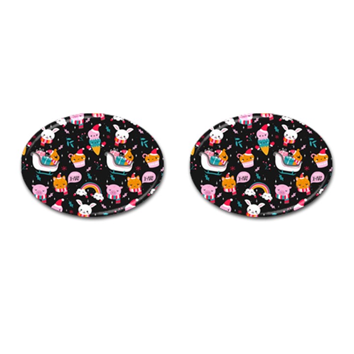 Colorful Funny Christmas Pattern Merry Xmas Cufflinks (Oval)