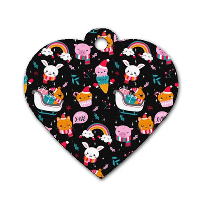 Colorful Funny Christmas Pattern Merry Xmas Dog Tag Heart (Two Sides)