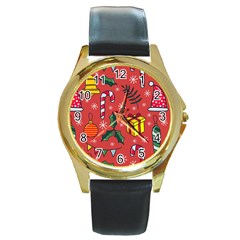 Colorful Funny Christmas Pattern Round Gold Metal Watch by Vaneshart