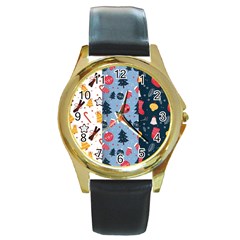 Christmas Pattern Collection Flat Design Round Gold Metal Watch by Vaneshart