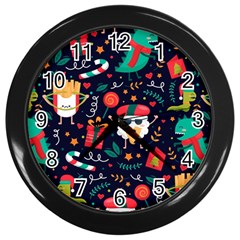 Colorful Funny Christmas Pattern Cute Cartoon Wall Clock (black) by Vaneshart