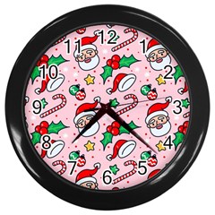 Colorful Funny Christmas Pattern Santa Claus Wall Clock (black) by Vaneshart