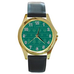 Beautiful Knitted Christmas Pattern Green Round Gold Metal Watch by Vaneshart