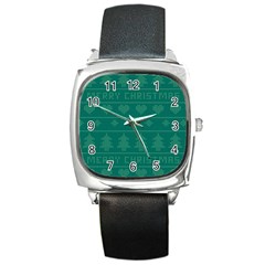 Beautiful Knitted Christmas Pattern Green Square Metal Watch by Vaneshart