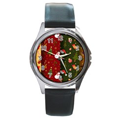 Hand Drawn Christmas Pattern Collection Round Metal Watch