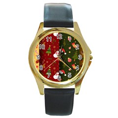 Hand Drawn Christmas Pattern Collection Round Gold Metal Watch