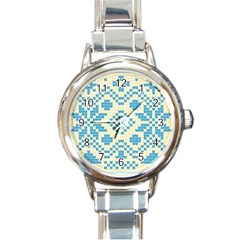 Beautiful Knitted Christmas Pattern Blue White Round Italian Charm Watch by Vaneshart