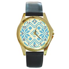 Beautiful Knitted Christmas Pattern Blue White Round Gold Metal Watch by Vaneshart