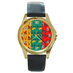 Hand Drawn Christmas Pattern Collection Pattern Round Gold Metal Watch by Vaneshart