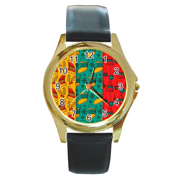 Hand Drawn Christmas Pattern Collection Pattern Round Gold Metal Watch