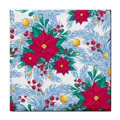 Seamless Winter Pattern With Poinsettia Red Berries Christmas Tree Branches Golden Balls Tile Coaster by Vaneshart