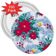 Seamless Winter Pattern With Poinsettia Red Berries Christmas Tree Branches Golden Balls 3  Buttons (100 Pack)  by Vaneshart