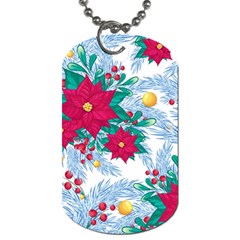 Seamless Winter Pattern With Poinsettia Red Berries Christmas Tree Branches Golden Balls Dog Tag (one Side) by Vaneshart