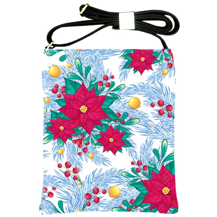 Seamless Winter Pattern With Poinsettia Red Berries Christmas Tree Branches Golden Balls Shoulder Sling Bag