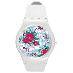 Seamless Winter Pattern With Poinsettia Red Berries Christmas Tree Branches Golden Balls Round Plastic Sport Watch (m) by Vaneshart