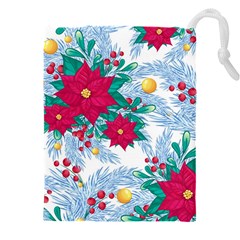 Seamless Winter Pattern With Poinsettia Red Berries Christmas Tree Branches Golden Balls Drawstring Pouch (4xl) by Vaneshart