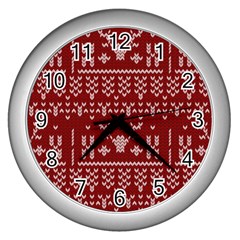 Beautiful Knitted Christmas Pattern Red Wall Clock (silver) by Vaneshart